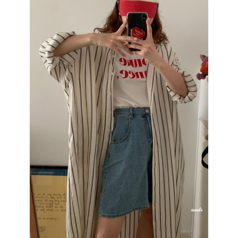 Korean Style A Line Shirt Dress - Korean Minimalist Loose Collar Stripes Lazy