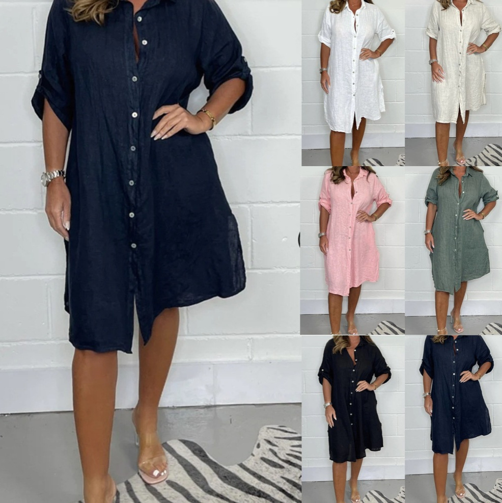 Casual Loose Linen Shirt Dress - Spring Summer Linen 3/4 Sleeve Loose