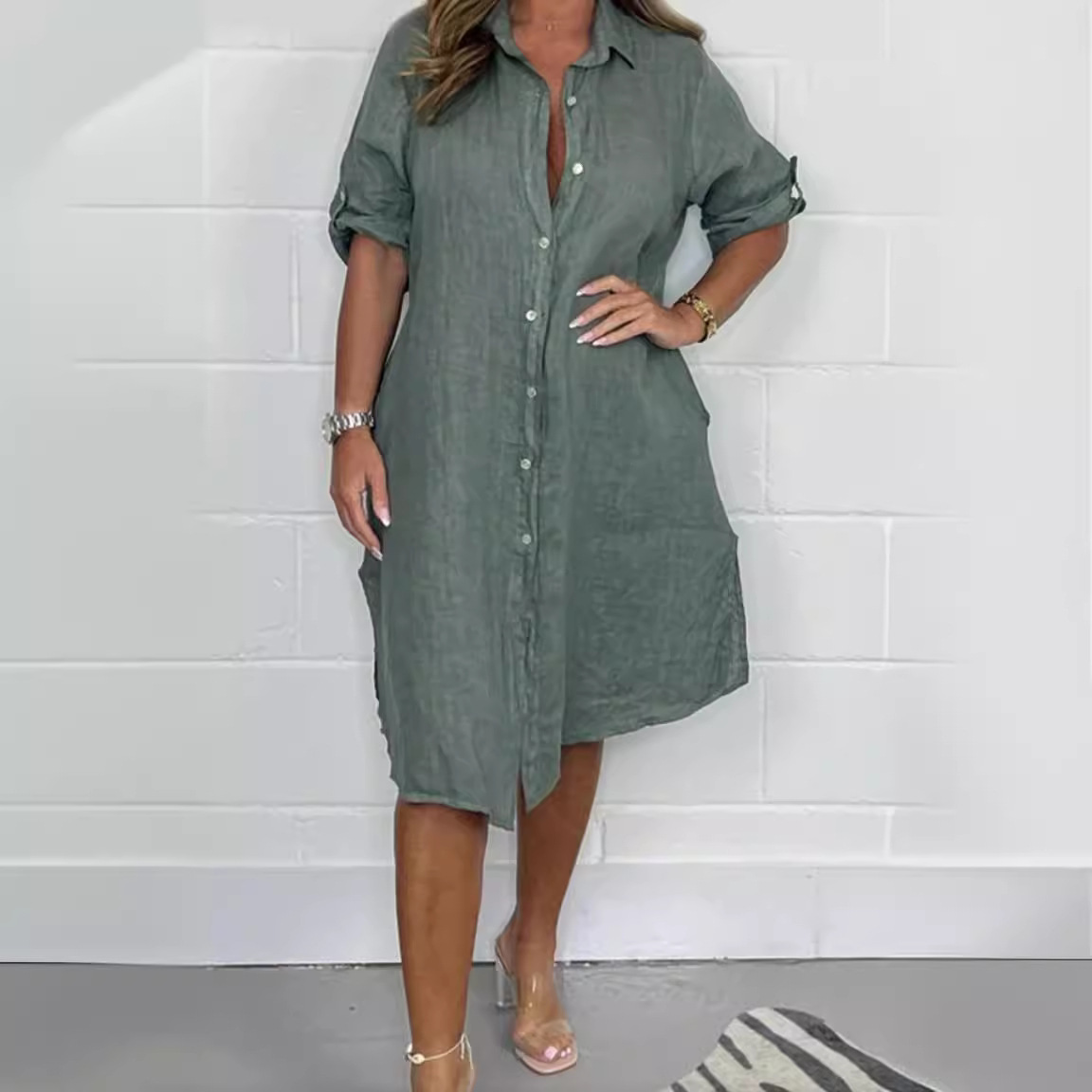 Spring Summer Linen 3/4 Sleeve - đánh giá và giá Casual Loose Linen Shirt Dress