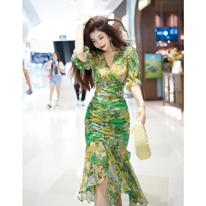 New Summer Fashion Style Waist - đánh giá và giá French Vintage Floral Midi Dress